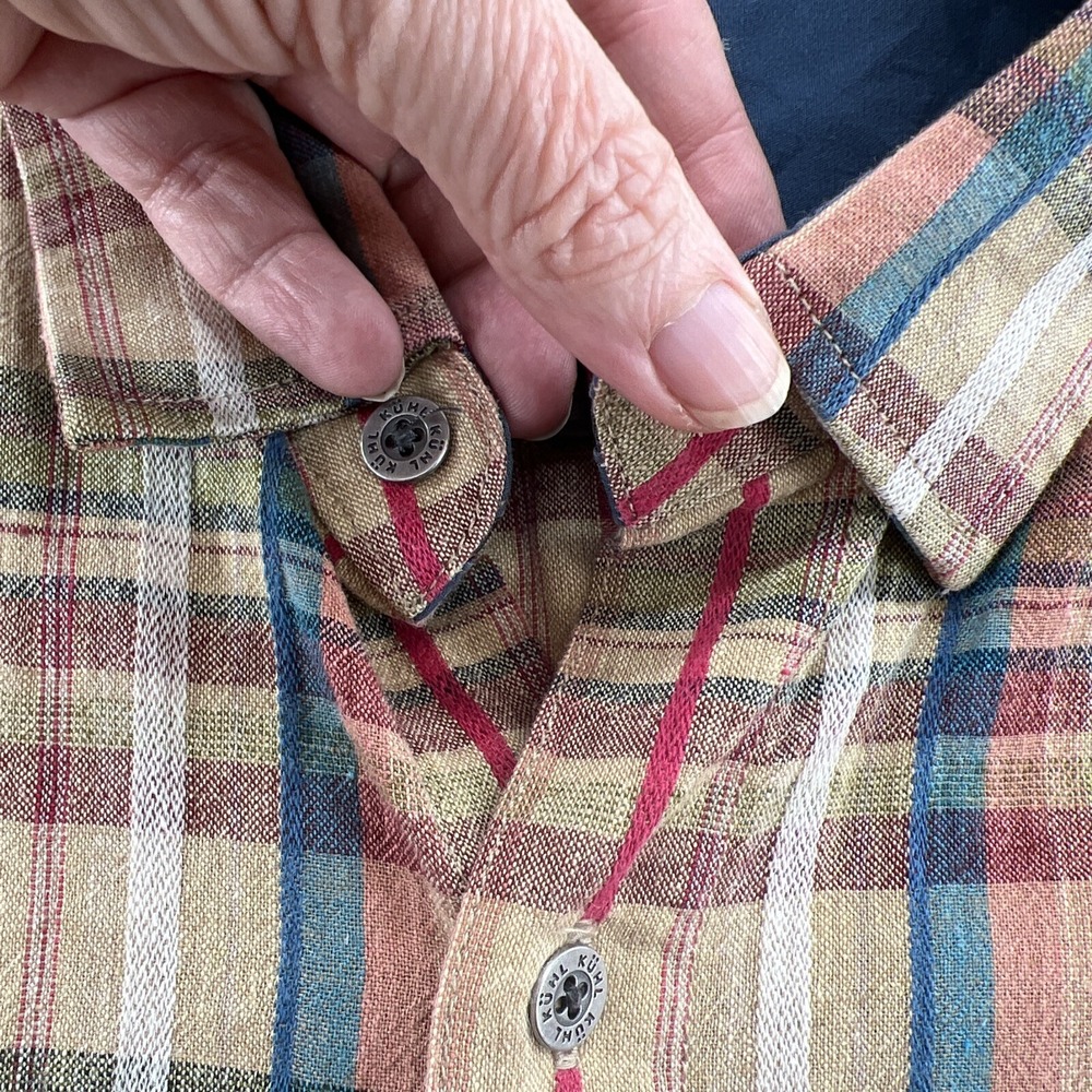 Kuhl Shirt Mens XL Karib Brown Plaid Button Up Shirt Linen/Cotton Blend - Picture 2 of 12